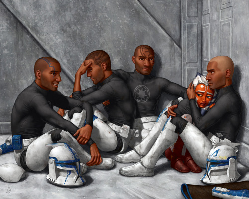 [Image ID: A Digital Illustration Of Star Wars: The Clone Wars Characters Sitting On A Grey Floor With