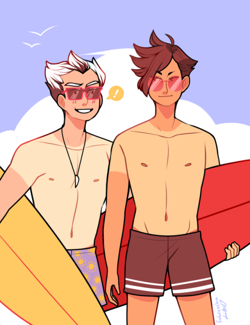 fahreecha:last day of summer vacation for me, so I drew surfer bokuto and kuroo to get some last Sum