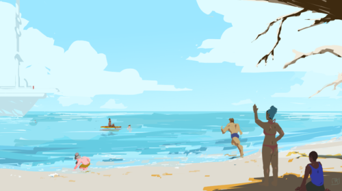 thefailureartist:No Dogs on the Beach![image description: an illustration of the IPRE crew on the be