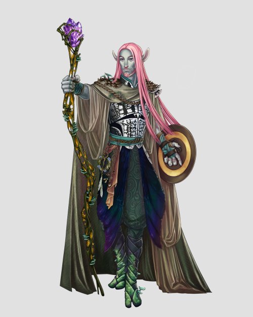 Caduceus Clay in white armor with black crackling and a long olive green draping cloak. His hair is straight and long.