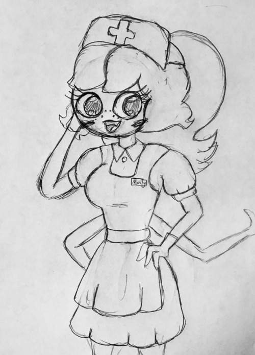 pxppinmolly:Here’s a cute lil nurse Molly doodle since she’s BACK. (In Selph’s Alastor’s shipverse w