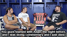 mith-gifs-wrestling:  Kevin does not let a silly thing like a feud interfere with the chance to have fun wrestling.  Kevin in those short shorts 😍