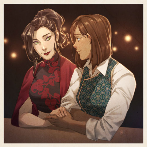 denimcatfish:Korra and Asami out on the town. All dressed up but most likely going for streetfood xD