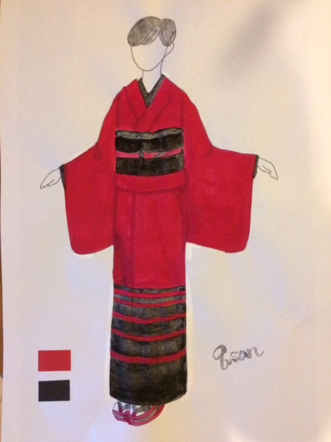 Striking modern kimono designed by Qsan. Red and black are seen as neutral colors in Japan and rarel