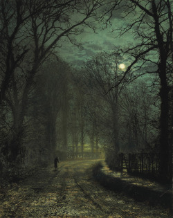 roussettes:  A Yorkshire Lane in November, 1873. Lovers in a Wood, 1873. John Atkinson Grimshaw. 