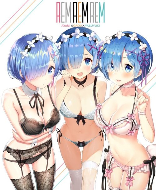 memeppoi:yasu00kamiki: “レム合同誌の表紙絵できました 左から、自分、がおうさん(@umaiyo_puyoman)、あやみさん(@ayamy_garubinu) ht