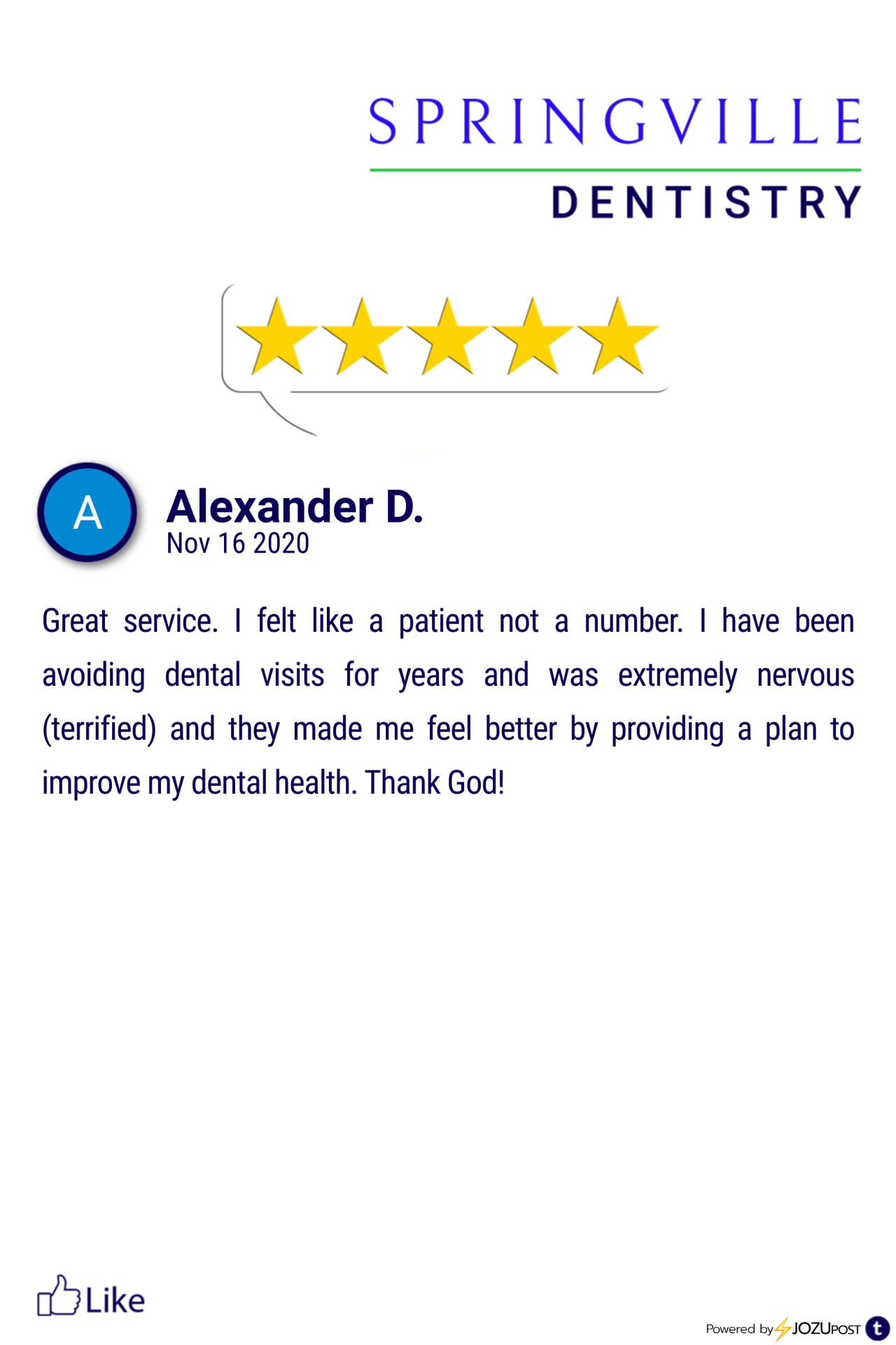 We appreciate our patients!
Here is our latest Five-Star Review from Alexander D. We love to recognize those patients that take the time to fill out a review and let us know how we are doing.
Here is what Alexander D. had to say: “Great service. I...