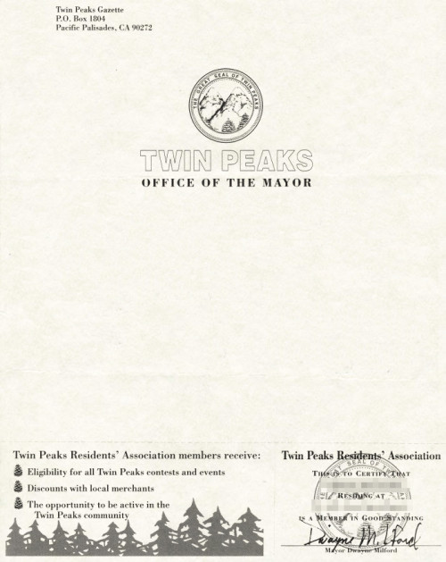 letterheady:Office of The Mayor, Twin Peaks | Submitted by C. BurnsThe letterhead of Dwayne Milford,