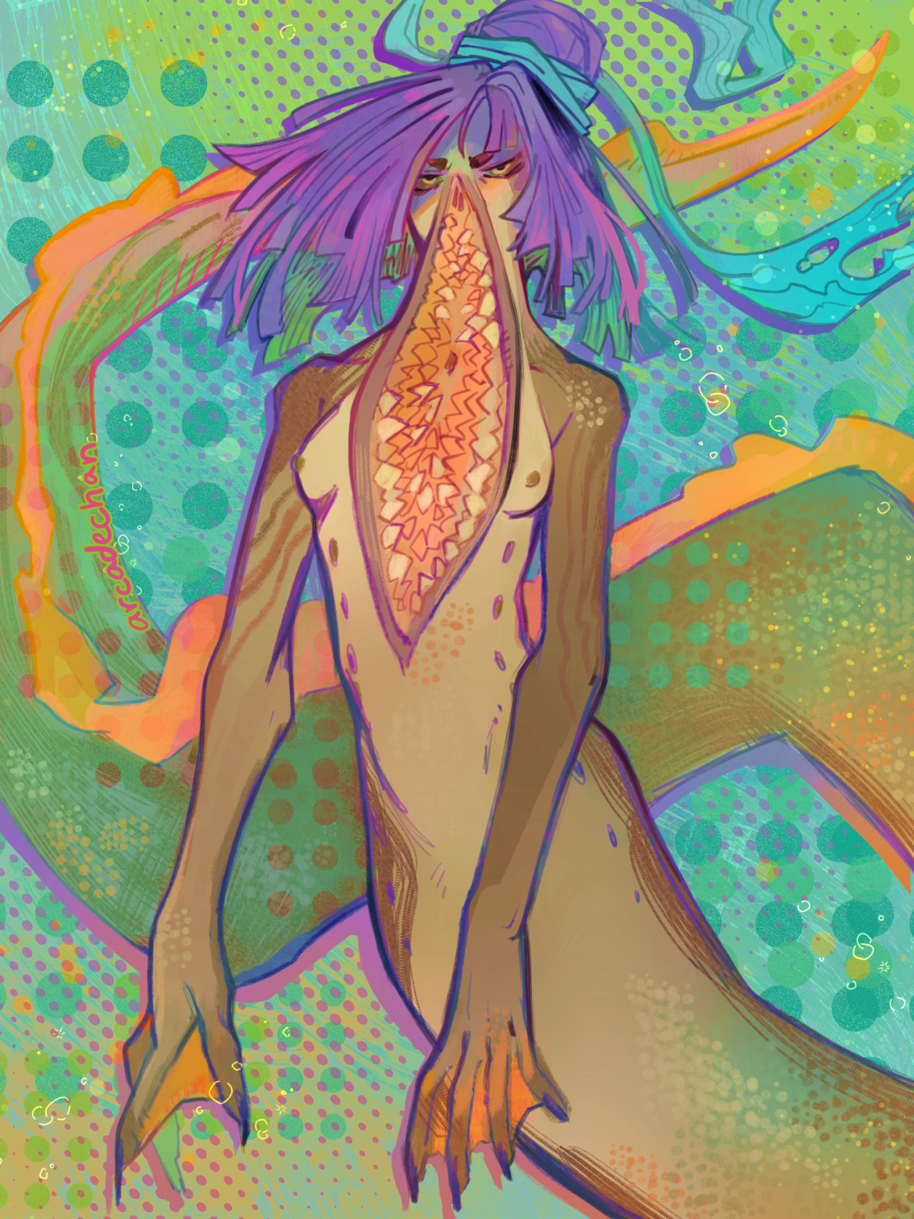 a drawing of a lamprey eel mermaid. She has a large mouth, stretching from her face down to her torso, with several rows of sharp teeth. She has purple hair, tied up with a blue ribbon in a bun. Her eyes are serious looking, with dark sclera and a bright iris. She has orange webbing between her fingers, and her long eel tail extends behind her. She looks like she could be irritated.