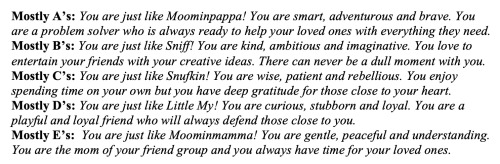 I created this little Moomin personality quiz for my English class and thought it’d fit perfectly he