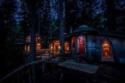 voiceofnature:  Suzanne Dege’s “Hobbit Treehouse.”   Originally built by the legendary natural builder, SunRay Kelley. Located on Orcas Island in Washington State. The three circular pods are all connected by hallways, decks, and bridges – evoking