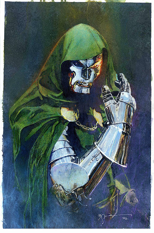 Bill Sienkiewicz, untitled Dr. Doom commission, January 2022. Mixed media on watercolor paper m