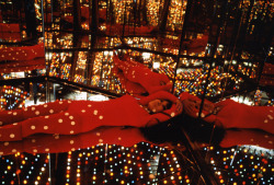 impossible-grinning-soul:  Yayoi Kusama with Infinity Mirrored Room - Love Forever installed for the 1966 solo exhibition Peep Show/Endless Love Show at Castellane Gallery, New York 