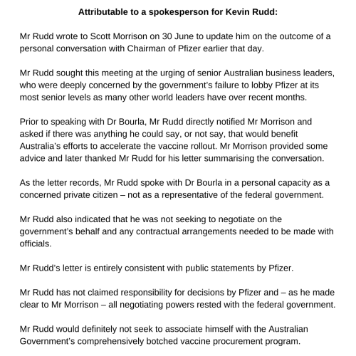 theauspolchronicles:A statement from Kevin Rudd’s office on Pfizer:Mr Rudd wrote to Scott Morr