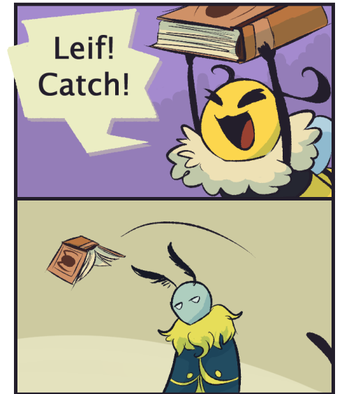 go-team-snakemouth: [image description: a four paneled colored comic featuring Vi, the bee and Leif,