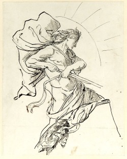 Anselm Feuerbach. c. 1844-1880. Study for a figure of Apollo; who is standing in a chariot and holding the reins, with the sun behind him. Pen and black ink, over graphite.