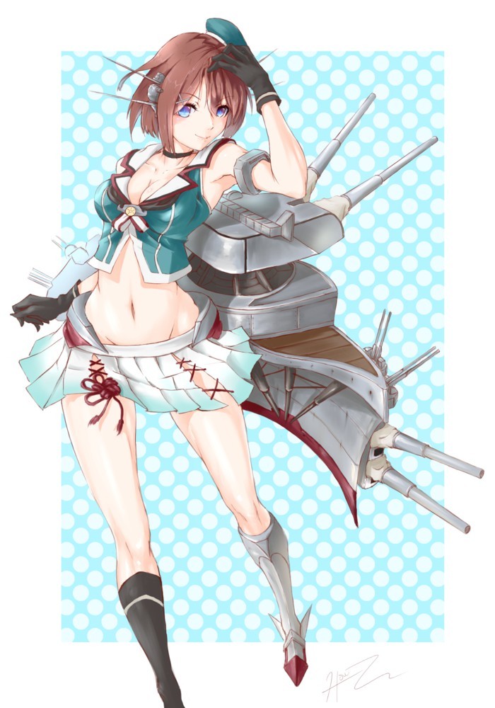 艦隊これくしょん、摩耶（艦これ）、高解像度、おへそ、キャップ、スカート、ショートヘア、rigging、一人、乳、女一人、手袋、改造後（艦これ）、笑顔、胸の谷間、茶髪、青い目、鼠蹊部