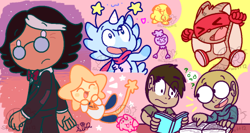 From left to bottom right, there are drawings of Simon Petrikov in the evening and turning to face the camera, Corey from Nebufaery happily waving (with two smiley faces around him), a happy Warf, a Drifloon, my OC Shuri jumping happily and looking all hyped, Lumi from Lumi and the Great Big Galaxy floating happily with stars around them, a smiling Cleffa, and Jeremie Belpois helping a puzzled Ulrich Stern study; Ulrich's holding a light teal book while Jeremie has and is pointing at an open orange book. All the characters are next to a light pink background as well.