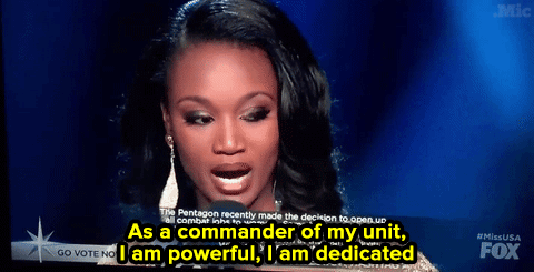micdotcom:  Twitter went wild for her answers — and the judges agreed.   I don’t agree, women don’t belong in the military, all they do is get pregnant like whores before every deployment so they don’t have to go, and when they do the slow everyone