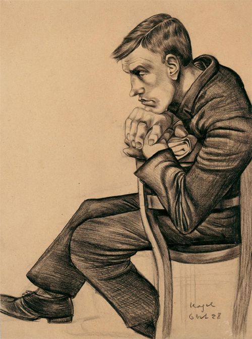 thunderstruck9:Hanna Nagel (German, 1907-1975), Sitzender junger Mann mit aufgestütztem Kopf [Seated young man with propped head], 1928. Oil pastel, 39.6 x 29.5 cm.