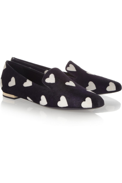 Burberry Prorsum   Pencombe heart-print calf hair slippers  395 Euro  - Gold mirrored heel measures 