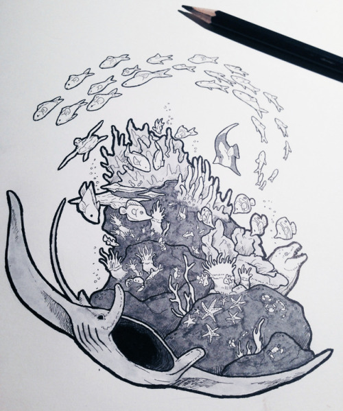 Inktober day 13 - Teeming.A coral reef teeming with all kinds of wild life.Almost 2 weeks already le