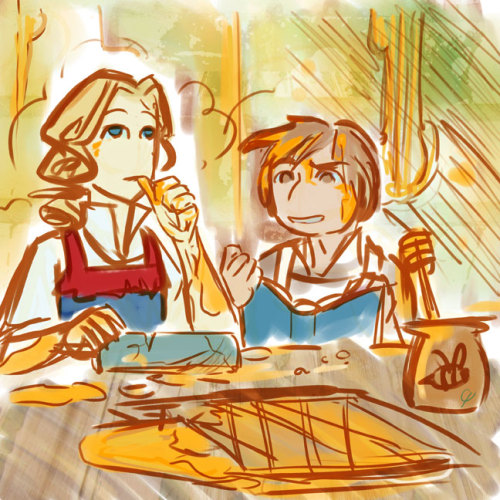 pilferingapples:From VivelaFizz’s Amisprompts generator! I got Enjolras, Feuilly, and pastries