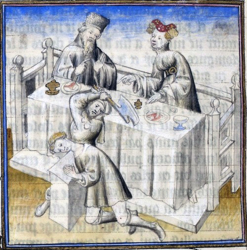 Lucius Flamininus and his mistress watching an execution, Illuminated page from the manuscript conta