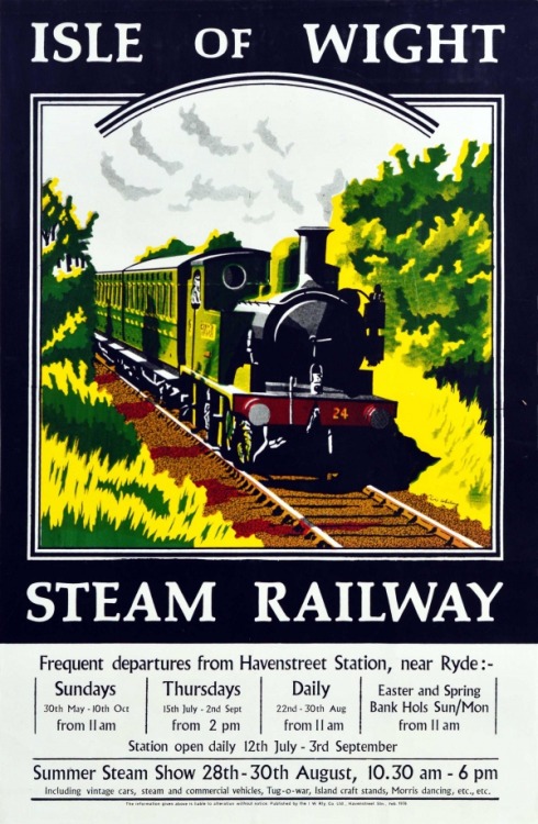 Isle of Wight Steam Railway travel poster, featuring an illustration of a steam train and a train sc