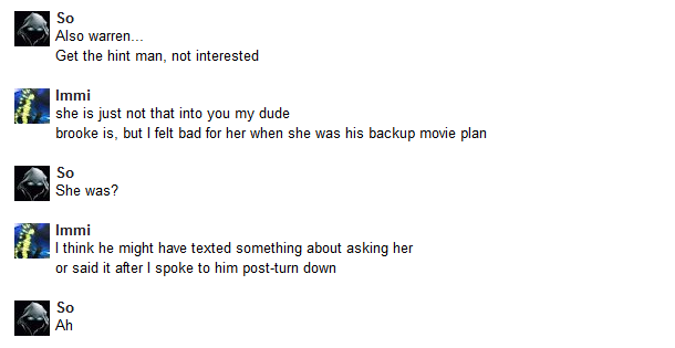 The title of this post is pretty inaccurate. There are maybe five sentences of interaction