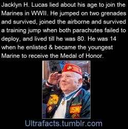 ultrafacts:  Although only 14 years of age, he enlisted in the Marine Corps Reserve without his mother’s consent. He received the Medal of Honor for his heroic actions during the Iwo Jima campaign — for unhesitatingly hurling himself over his comrades