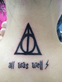 My hp tattoo done on 23rd of August 2013 at pentagram by Simon Bourré in Quebec City :)
I wanted this tattoo since I was 14 years old and I’m now 19. I simply love it.
It reminds me that everything will be alright and everything has an happy ending....