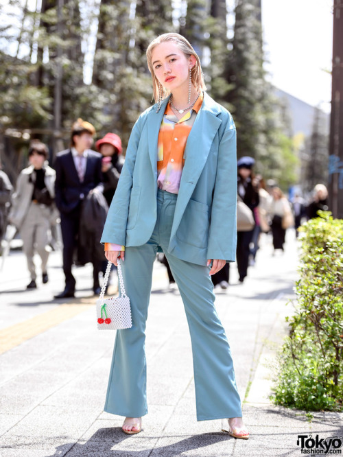 18-year-old Japanese fashion student Ashley wearing an X-Girl blue suit, Susan Alexandra beaded cher