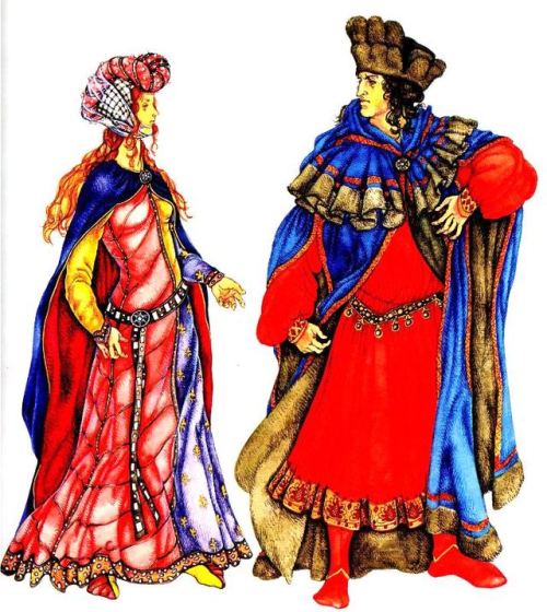 15th-century Burgundian fashions from History in Costume: From Pharoah to Dandy by Anna Blaze, art b