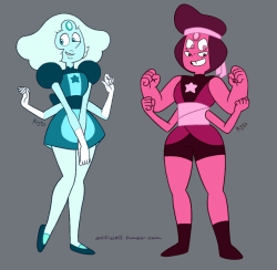 artifiziell:  Crystal Gem Rhodonite and Larimar aka my interpretations of Ruby/Pearl and Sapphire/Pearl’s fusions :’&gt; Larimar is based on a maid and Rhodo is kind of chinese fighter girl-esqueI’m super busy with work but I really wanted to draw