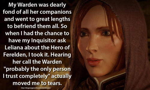 dragonageconfessions: Confession: My Warden was dearly fond of all her companions and went to g