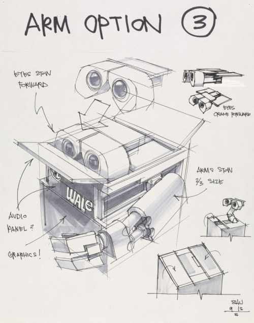 Jay Shuster, design drawings / concept art for the movie Wall-E, 2008. Ink and marker on photocopy. 