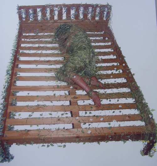 <p><em>Tethered</em></p>
<p>Photo, acrylic paint</p>
<p>The bed and the girl are a photo, the plants are painted on top</p>