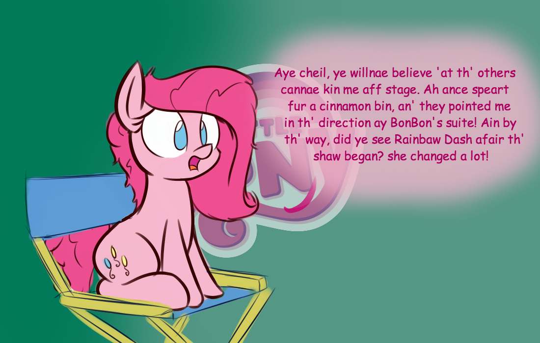 heirofrickdraws:  Favorite Behind-the-scenes headcanon: Pinkie masks a thick scottish
