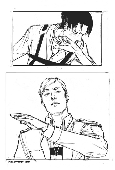 Quick sketch of Erwin/Levi discipline (sfw/blood)   I imagine Levi’s first few weeks in the Scouting Legion are difficult;;