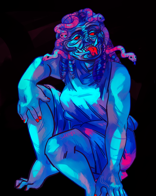 sidelys:neon gorgonplease do not use or repost[image description: a digital illustration of a gorgon