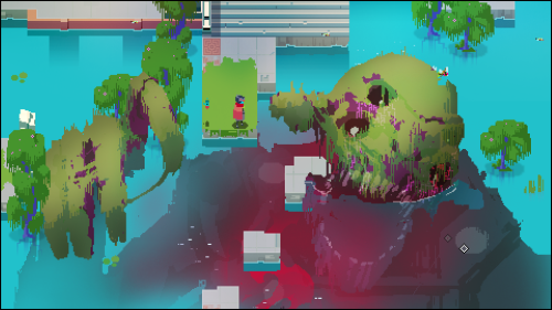 [ID: A screenshot from the game hyper light drifter. It’s beautiful pixel art, and shows the player 