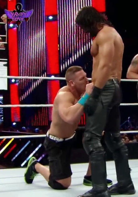 sufferingmen:Love what a submissive bitch Cena becomes when he’s jobbing. Nothing says muscle bottom more than trunks that say “loyal” Spreadem Cena: http://sufferingmen.tumblr.com/post/95427785383/this-pretty-much-sums-up-cenas-first-match-with