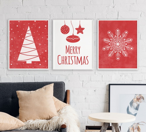  Christmas wall art set of 3 prints, Mid Century modern red and white wall art, Merry Christmas sign