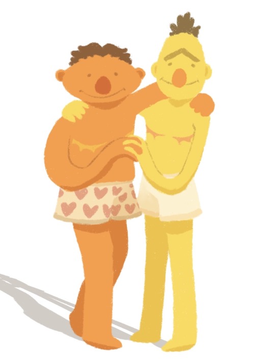 A digital painting of Ernie and Bert from Sesame Street standing side by side, both smiling, arms thrown over each other's shoulders. They're holding hands and only wearing boxers. Bert's boxers are pale off-white and Ernie's are covered in red hearts. Both of them have top surgery scars.