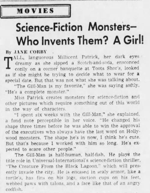 universalmonsterstribute: Millicent Patrick 1954 interview, Talking with Jane Corby about Creature F