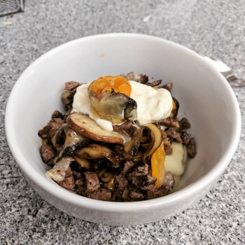 Philly cheese steak bowls with last night’s tri tip left overs. Sauteed onions, yellow bell peppers,