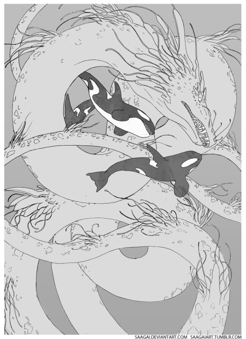 Works in progress. I’m playing around with the idea of a sea monster that was raised by orcas.