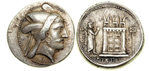 archaicwonder:Very Rare Silver Tetradrachm of Bagadates I, King of PersisThis silver tetradrachm is 
