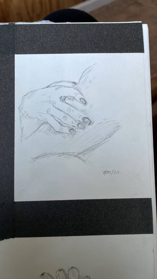 a hand grasping a thigh, the nails are darkened, and the thigh is half shown.